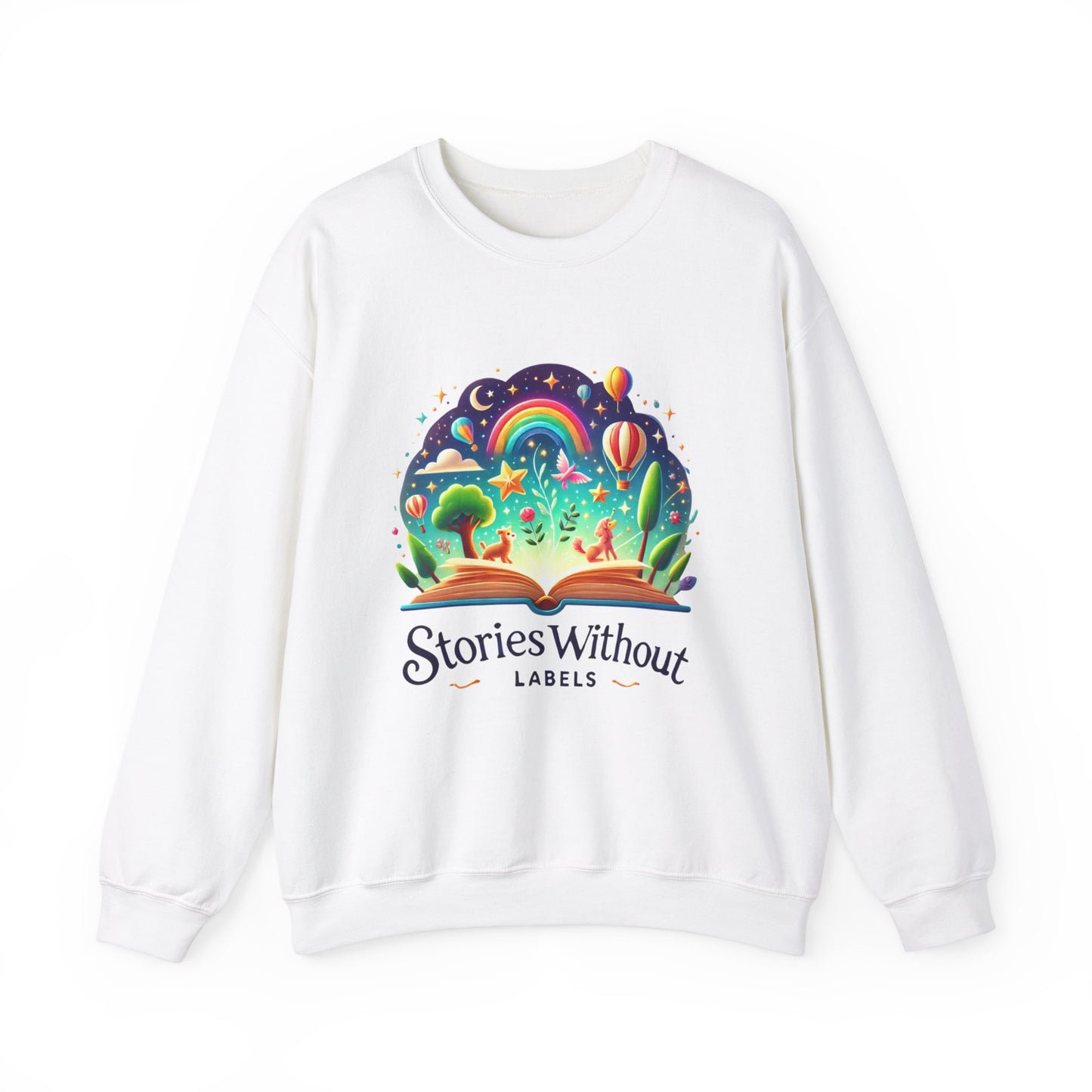 Stories Without Labels Unisex Heavy Blend™ Crewneck Sweatshirt - Colorful Adventure Design for Book Lovers - Stories Without Labels