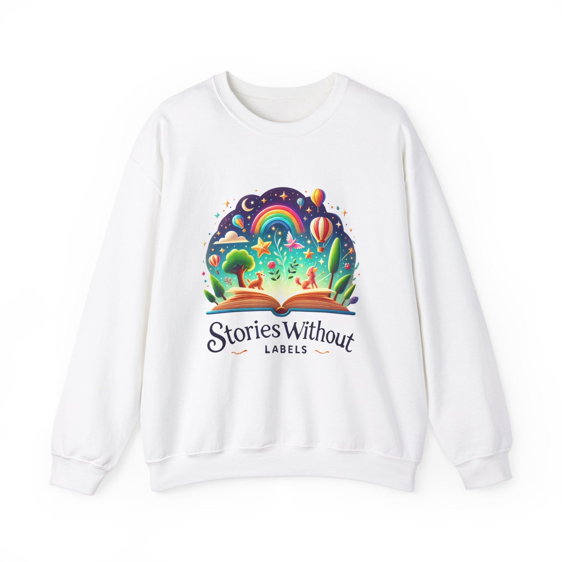 Stories Without Labels Unisex Heavy Blend™ Crewneck Sweatshirt - Colorful Adventure Design for Book Lovers - Stories Without Labels