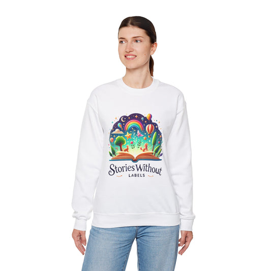 Stories Without Labels Unisex Heavy Blend™ Crewneck Sweatshirt - Colorful Adventure Design for Book Lovers - Stories Without Labels