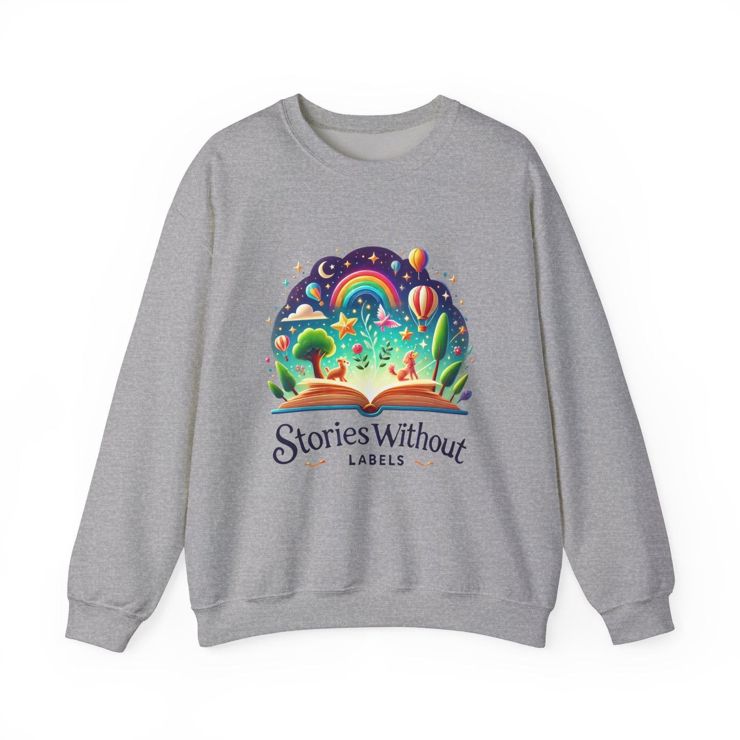 Stories Without Labels Unisex Heavy Blend™ Crewneck Sweatshirt - Colorful Adventure Design for Book Lovers - Stories Without Labels