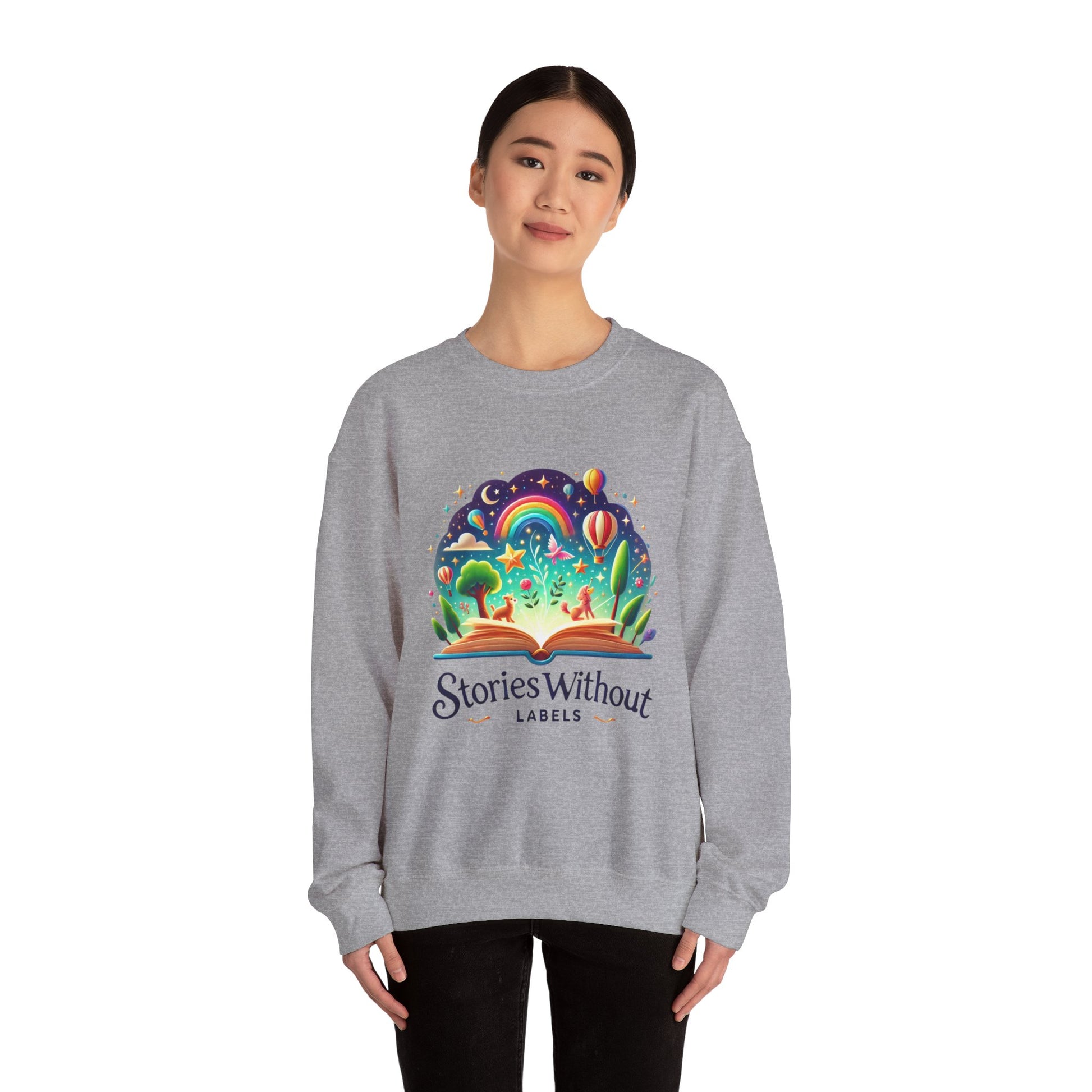 Stories Without Labels Unisex Heavy Blend™ Crewneck Sweatshirt - Colorful Adventure Design for Book Lovers - Stories Without Labels